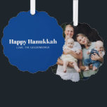 Personalised custom photo and text blue Hanukkah Tree Decoration Card<br><div class="desc">Happy Hanukkah blue and white modern typography simple minimalist personalised Hanukkah ornament card.
Fully customisable white text on blue background on one side,  custom photo image or picture on the other side.





Photo credit from freepik</div>