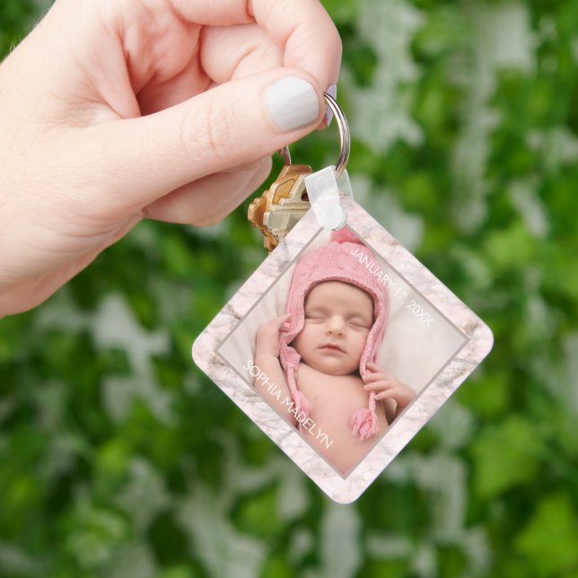 Personalised Custom Photo Pink Marble Pattern Key Ring (Hand)