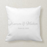 Personalised Custom Script Couple Name Wedding Cushion<br><div class="desc">Personalised Custom Couple Name and Date Wedding Throw Pillow.
Elegant,  classic,  minimalist design.
Faux silver grey and white.</div>