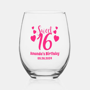Personalised Custom Sweet 16 Birthday Party Favour Stemless Wine Glass