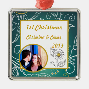 Personalised Custom Teal/Yellow Mustard Floral Dai Metal Tree Decoration