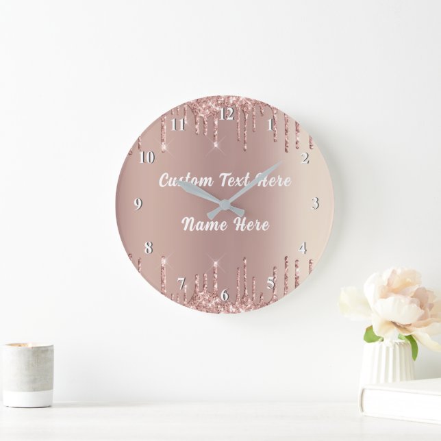 Personalised Custom Text Clock Rose Gold Glitter (Home)