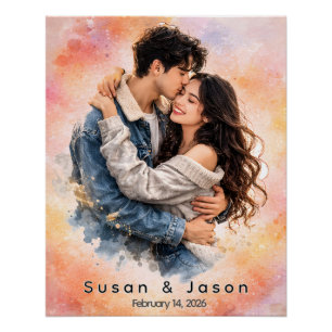 Personalised Custom Watercolor Couple Photo Gift Poster