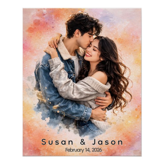 Personalised Custom Watercolor Couple Photo Gift Poster (Front)
