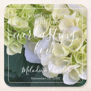 Personalised Custom White Hydrangea Elegant Love Square Paper Coaster