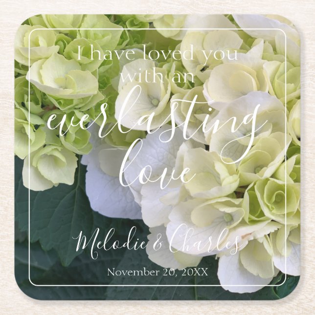 Personalised Custom White Hydrangea Elegant Love  Square Paper Coaster (Front)