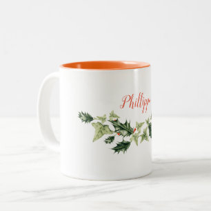 Personalised, Customisable Holly and Ivy Christmas Two-Tone Coffee Mug