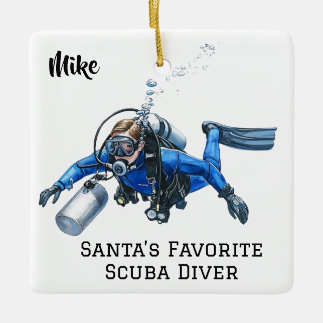 Personalised Customised Suba Diving Man Christmas Ceramic Ornament (Front)
