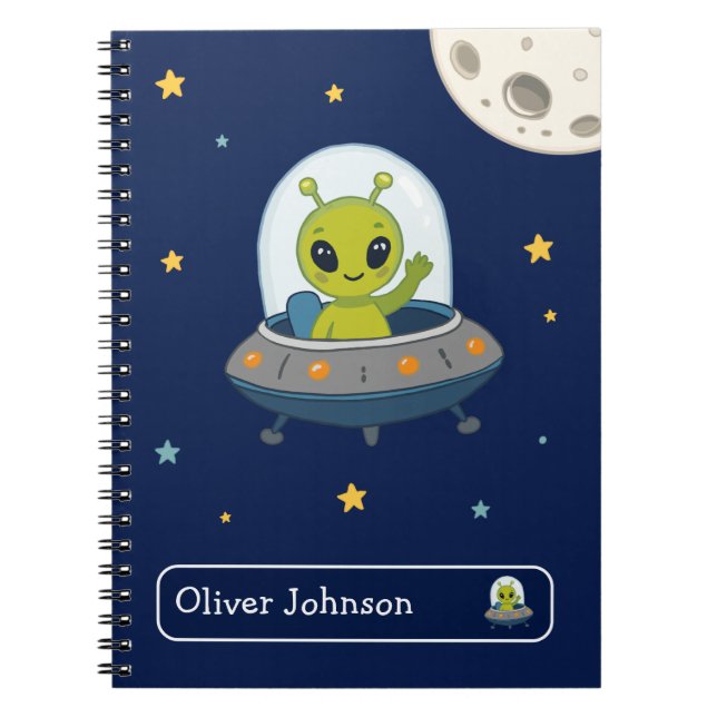 Personalised Cute Alien Space Moon Name School Notebook (Front)