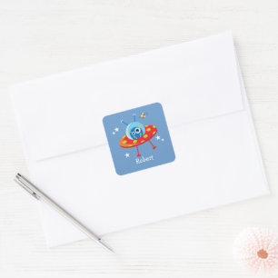 Personalised Cute Alien Spaceship Square Sticker