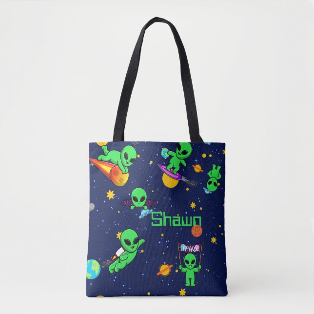 Personalised Cute Aliens in Space Tote Bag (Front)