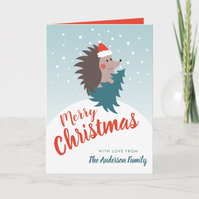 Personalised Cute and Modern Hedgehog Christmas Holiday Card (Front)