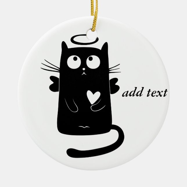 Personalised Cute Angel Black Cat Ceramic Tree Decoration (Front)