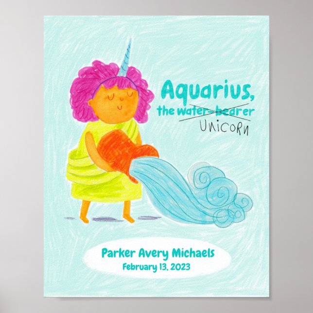 Personalised Cute Aquarius Unicorn Zodiac Poster (Front)