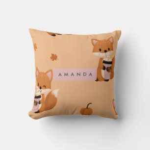 Personalised Cute Autumn Fox with Coffee Pattern  Cushion