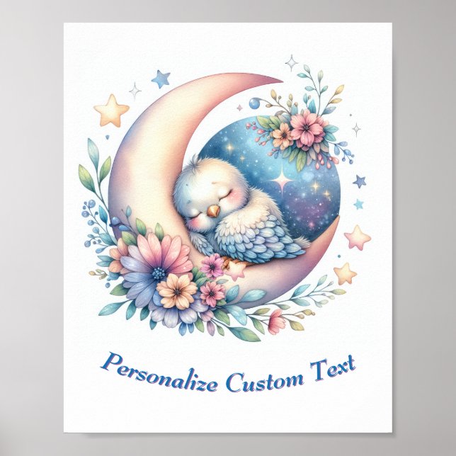 Personalised Cute Baby Bird Sleeping on Moon Poster (Front)