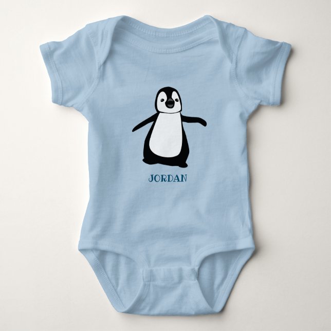 Personalised cute Baby blue penguin illustration Baby Bodysuit (Front)