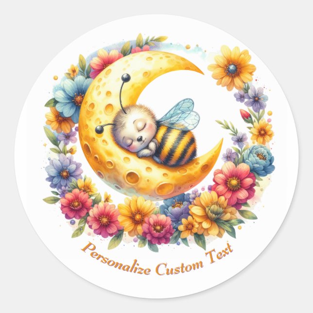 Personalised Cute Baby Bumble Bee Sleeping on Moon Classic Round Sticker (Front)