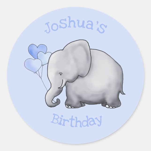 Personalised Cute Baby Elephant Birthday Party Classic Round Sticker (Front)