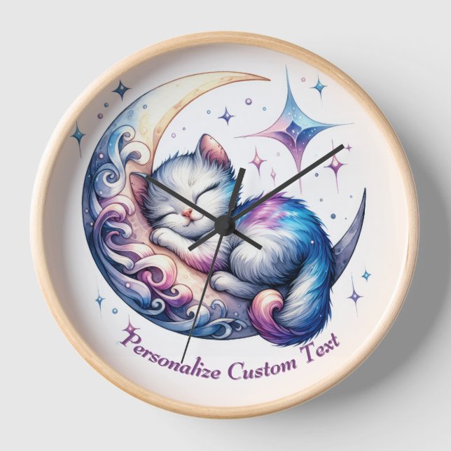 Personalised Cute Baby Kitten Cat Sleeping on Moon Clock (Front)