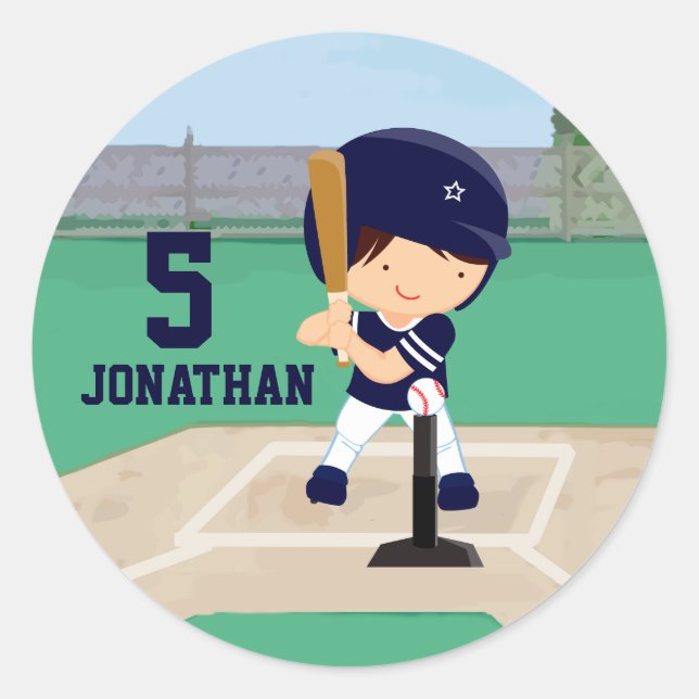 Personalised Cute Baseball cartoon player Classic Round Sticker (Front)