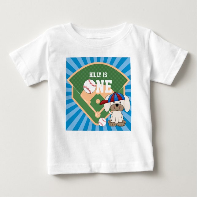 Personalised Cute Baseball Puppy Dog 1st Birthday Baby T-Shirt (Front)