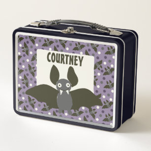 Personalised Cute Bat Cartoon Smoky Purple Metal Lunch Box