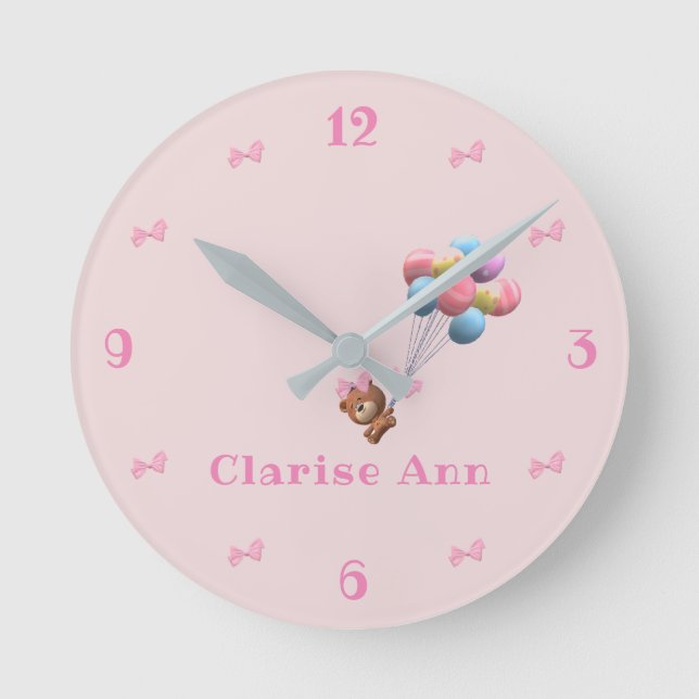 Personalised Cute Bear and Balloons Round Clock (Front)