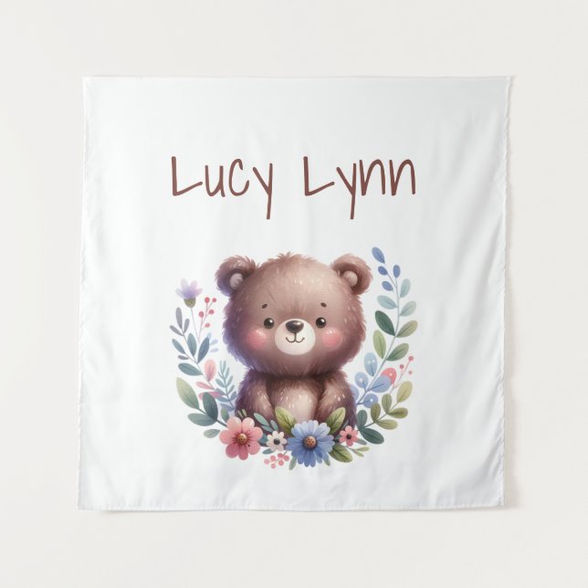 Personalised Cute Bear Cub Nursery Wall Art Tapestry (Front)