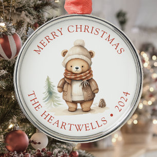 Personalised Cute Bear Merry Christmas Metal Tree Decoration
