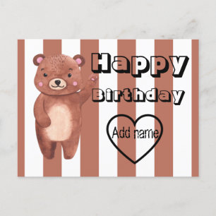 Personalised cute bear stripes birthday postcard