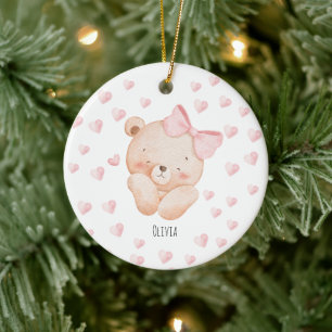 Personalised Cute Bear with pink Hearts  Ceramic Tree Decoration