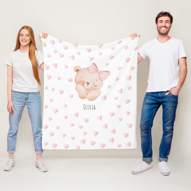 Personalised Cute Bear with pink Hearts  Fleece Blanket (In Situ)