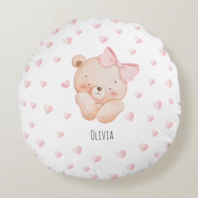Personalised Cute Bear with pink Hearts  Round Cushion (Front)