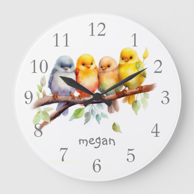 Personalised Cute Birds Large Clock (Front)