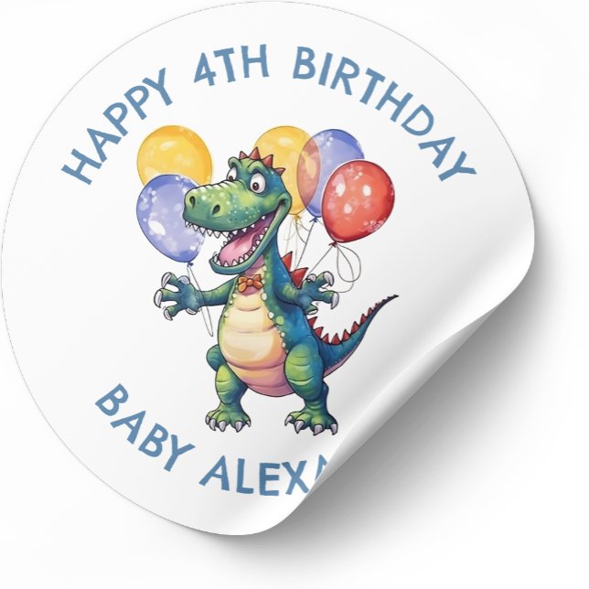 Personalised Cute Birthday Dinosaur Balloons Classic Round Sticker (Creator Uploaded)
