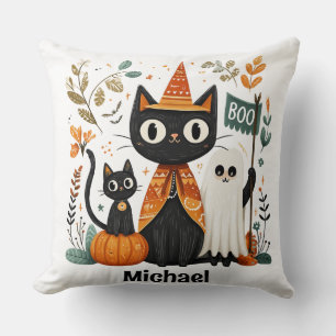 Personalised Cute Black Cat & Ghost Halloween Cushion