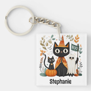 Personalised Cute Black Cat & Ghost Halloween Key Ring