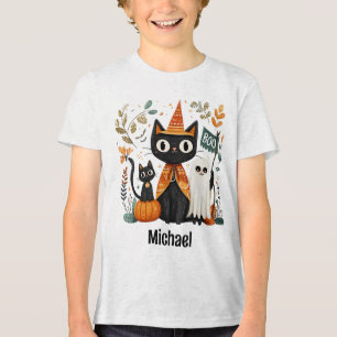 Personalised Cute Black Cat & Ghost Halloween Tri-Blend Shirt