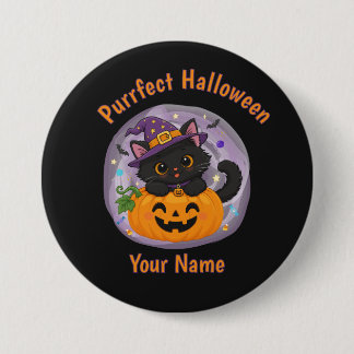 Personalised Cute Black Cat Halloween Button