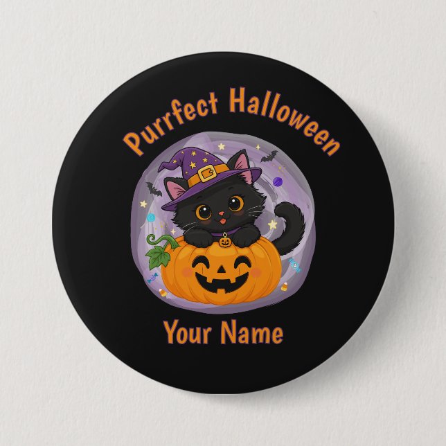 Personalised Cute Black Cat Halloween Button (Front)