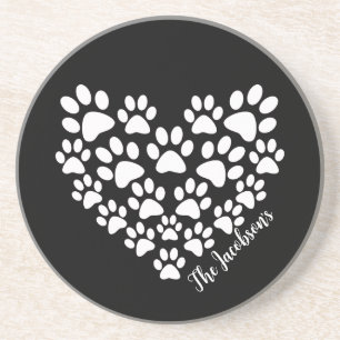 Personalised Cute Black White Paw Print Heart Coaster