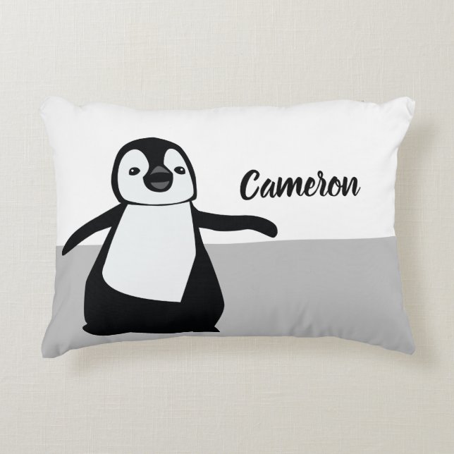 Personalised Cute Black white Penguin Illustration Decorative Cushion (Front)