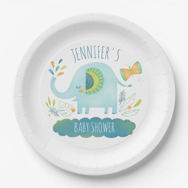 Personalised Cute Blue Elephant Baby Shower Paper Plate (Front)