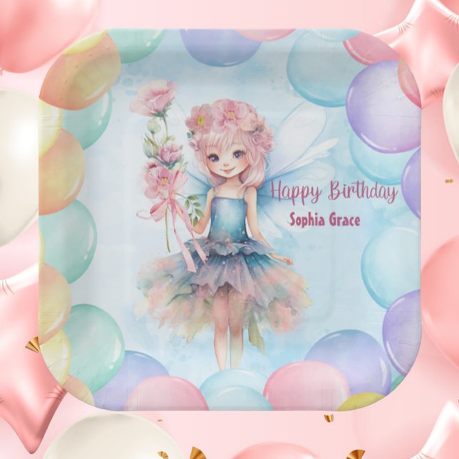 Personalised Cute Blue Fairy Birthday Paper Plates (Personalized Blue Fairy Birthday Paper Plates – Custom Name Party Decor with Balloons

)