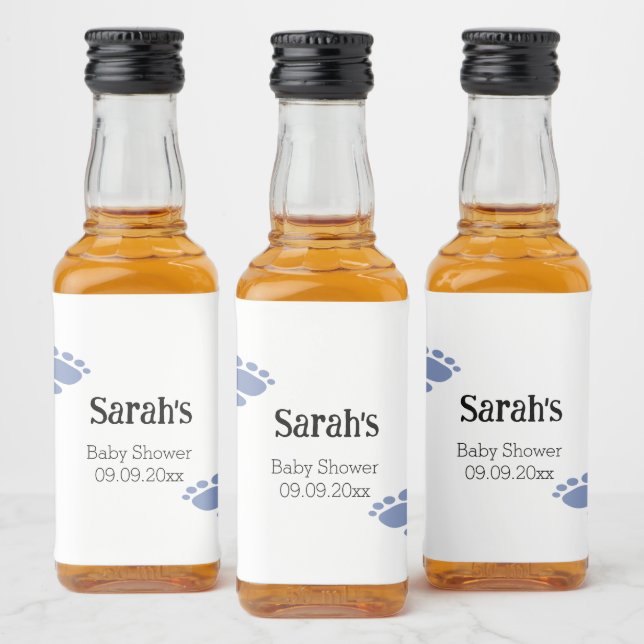Personalised Cute Blue Footprint Baby Shower Mini  Liquor Bottle Label (Bottles)