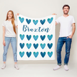 Personalised Cute Blue Hearts Valentines Day Fleece Blanket