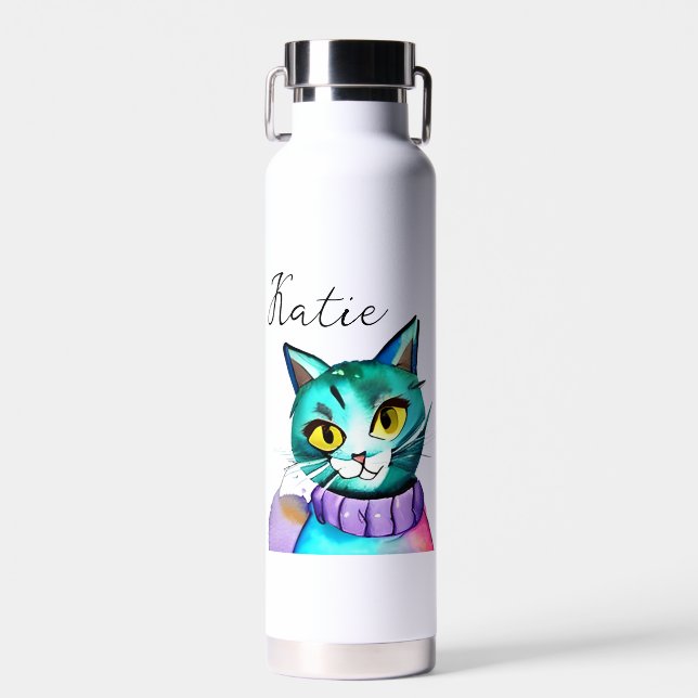 Personalised Cute Blue Kitty Cat Water Bottle (Front)
