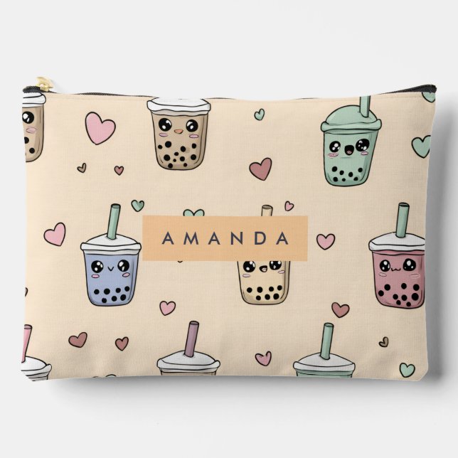 Personalised Cute Boba Tea Pattern Accessory Pouch (Front)