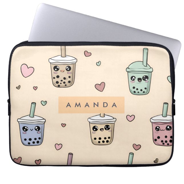 Personalised Cute Boba Tea Pattern Laptop Sleeve (Front)
